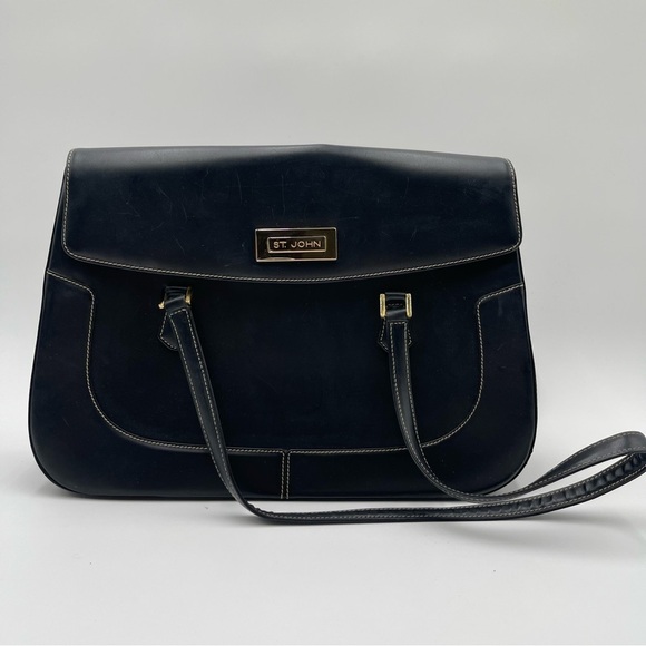Vtg St. John Black Leather Shoulder Bag Purse Minimalist Gold Hardware Italy